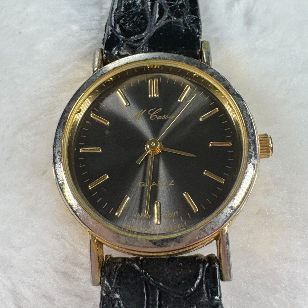 Vintage M Cassini Black Dial Watch Gold Tone Minimalist Skinny Strap Quartz